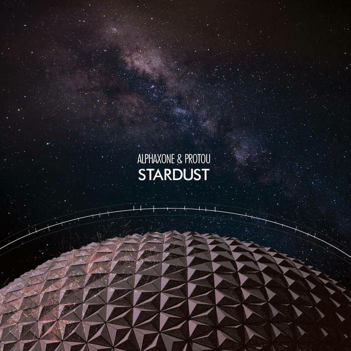 Alphaxone ProtoU Stardust cover artwork: An artificial sphere structure seen from above, floating in outer space.
